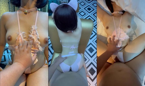 Bé nữ sinh nhỏ nhắn dễ thương thích làm mèo con đeo lục lạc